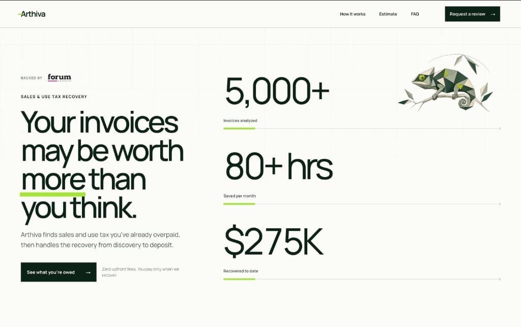 Arthiva homepage with recovery metrics and a geometric chameleon.
